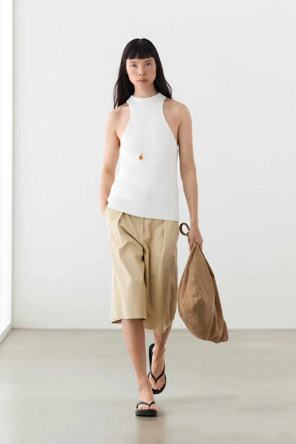Топ Massimo Dutti Cotton Blend Halter With Ribbed Detail, белый — фото 3