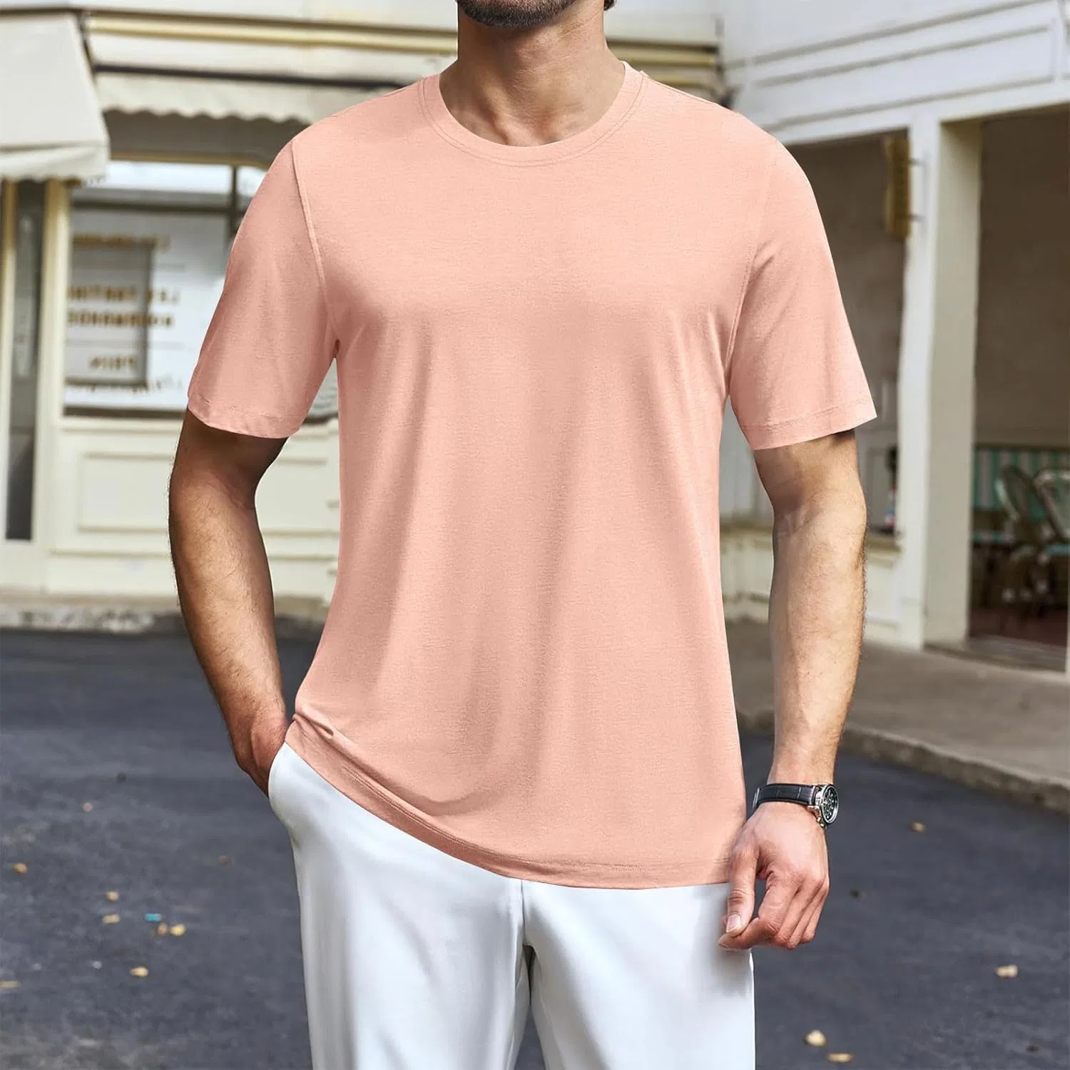 Мужская футболка с круглым вырезом из хлопка, Lightweight, A-pink — фото 3