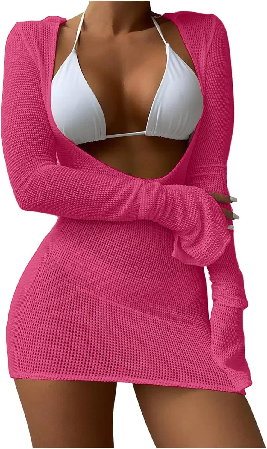 Женский бикини-комплект из 3 предметов с сетчатым платьем, Hot Pink