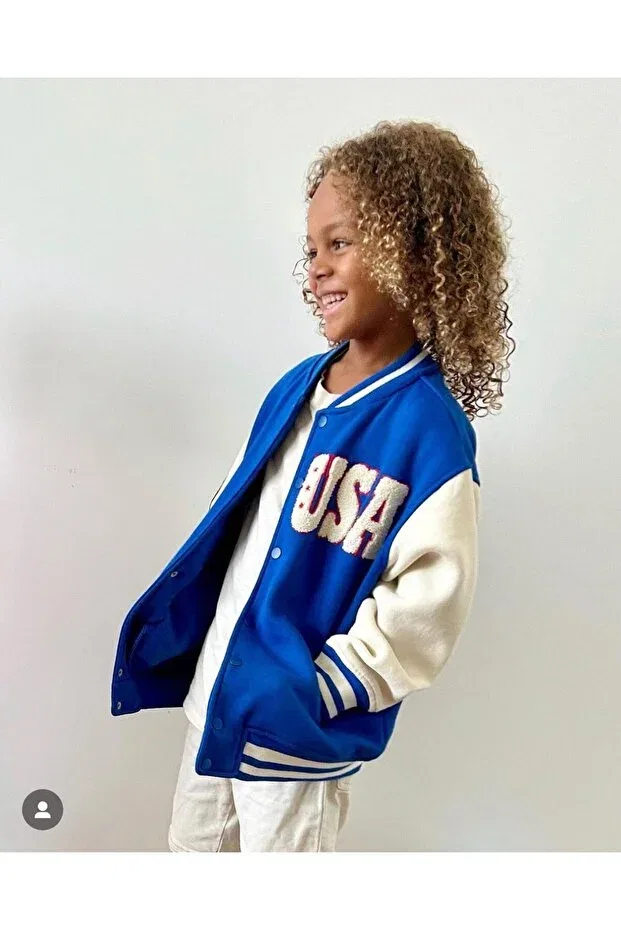 Детская куртка-бомбер с принтом Unisex USA Embroidered College Bomber Pink Hippo Kids, Saks Blue