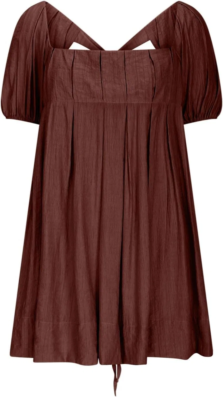 Женское летнее платье babydoll с пышными рукавами, A01 Brown — фото 4