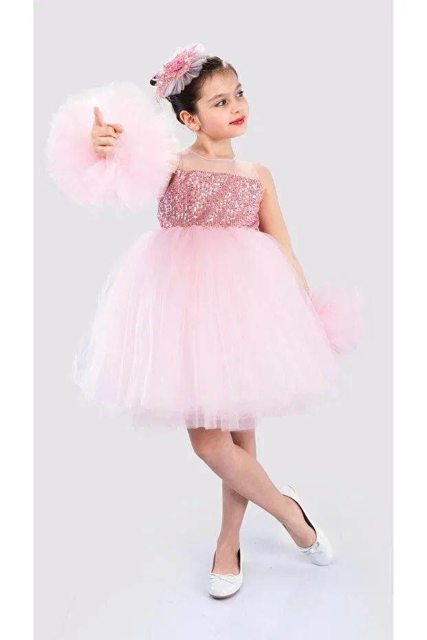 Детское платье для девочек с пайетками Pompom Buse&Eylül Bebe, Pink — фото 4