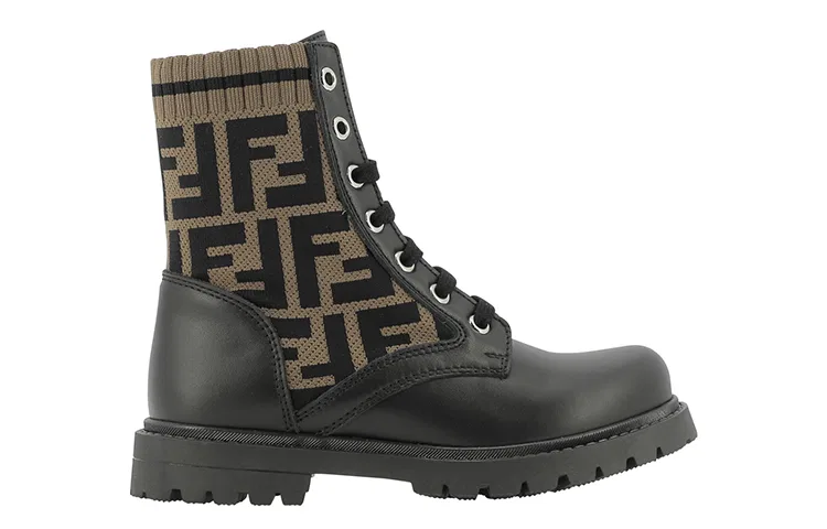 Детские кожаные ботинки для мальчиков с грубым каблуком FENDI, Black Brown — фото 3