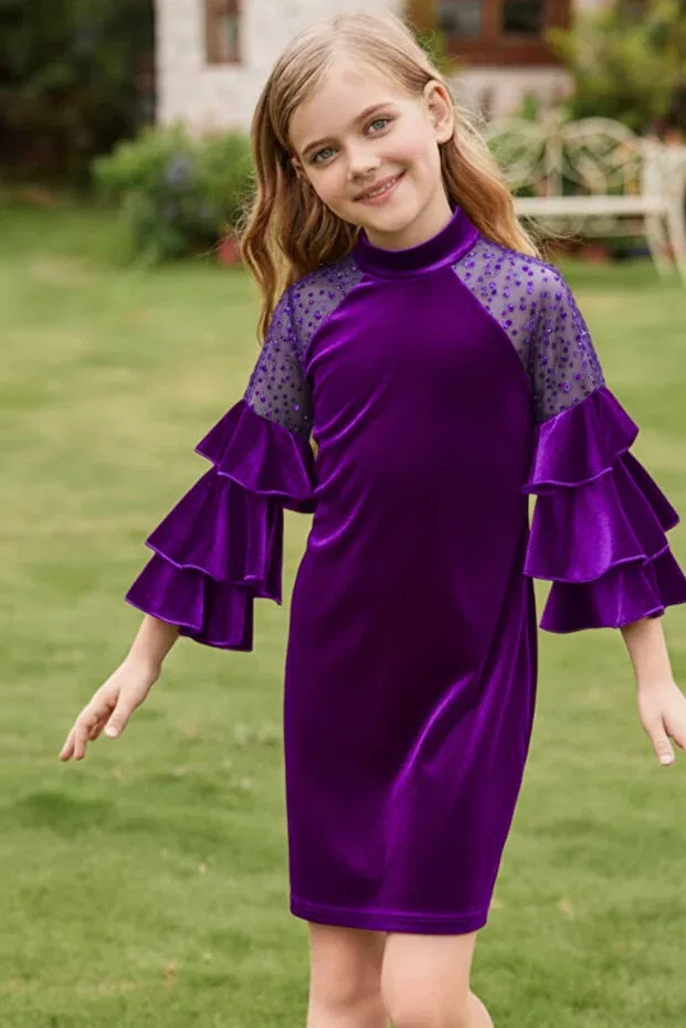 Детское платье для девочек из велюра с длинным рукавом My Kids Wear, Purple