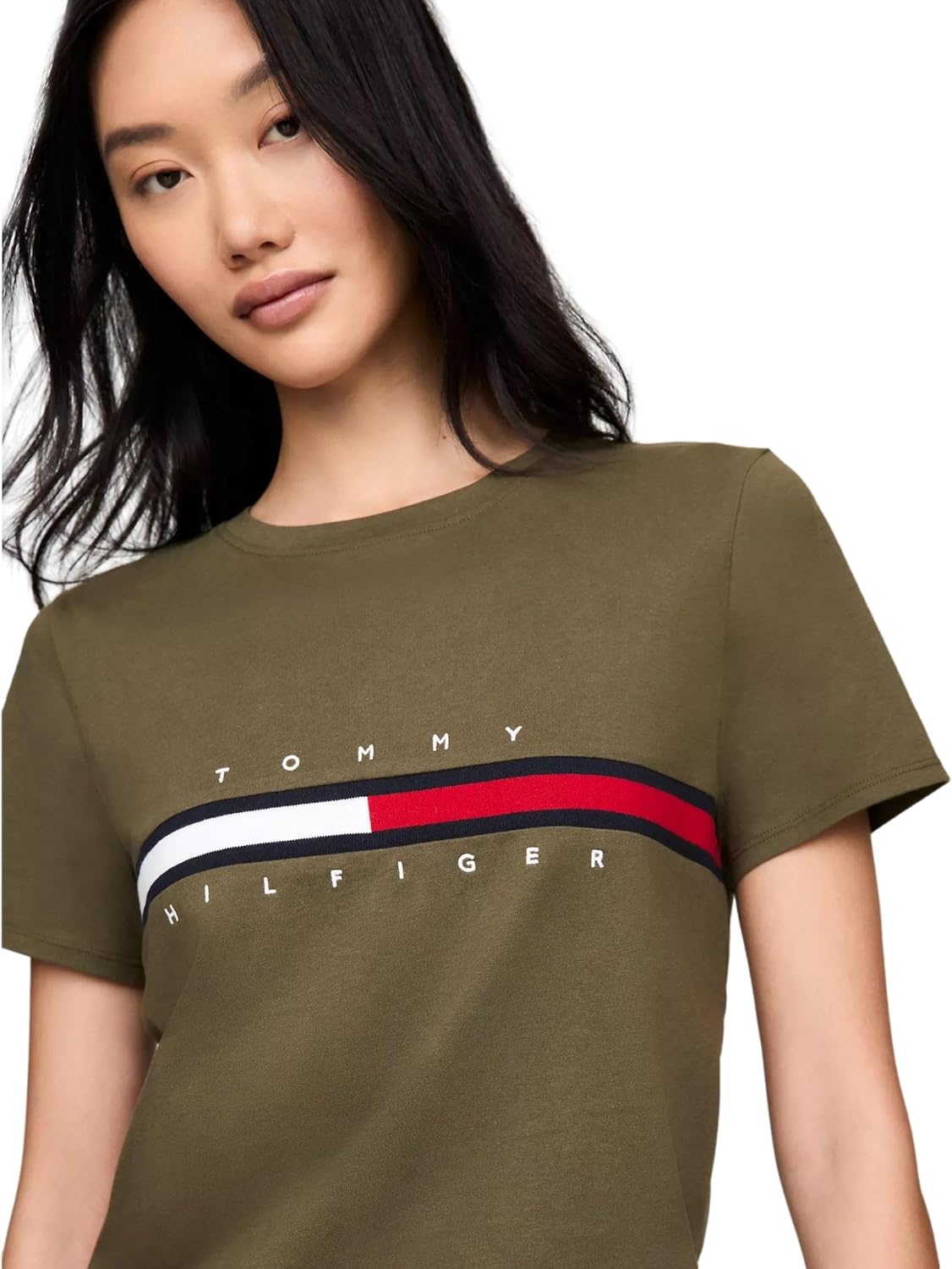 Женская футболка с полосатым логотипом Tommy Hilfiger, Embroidered-Flag Army Green. — фото 3