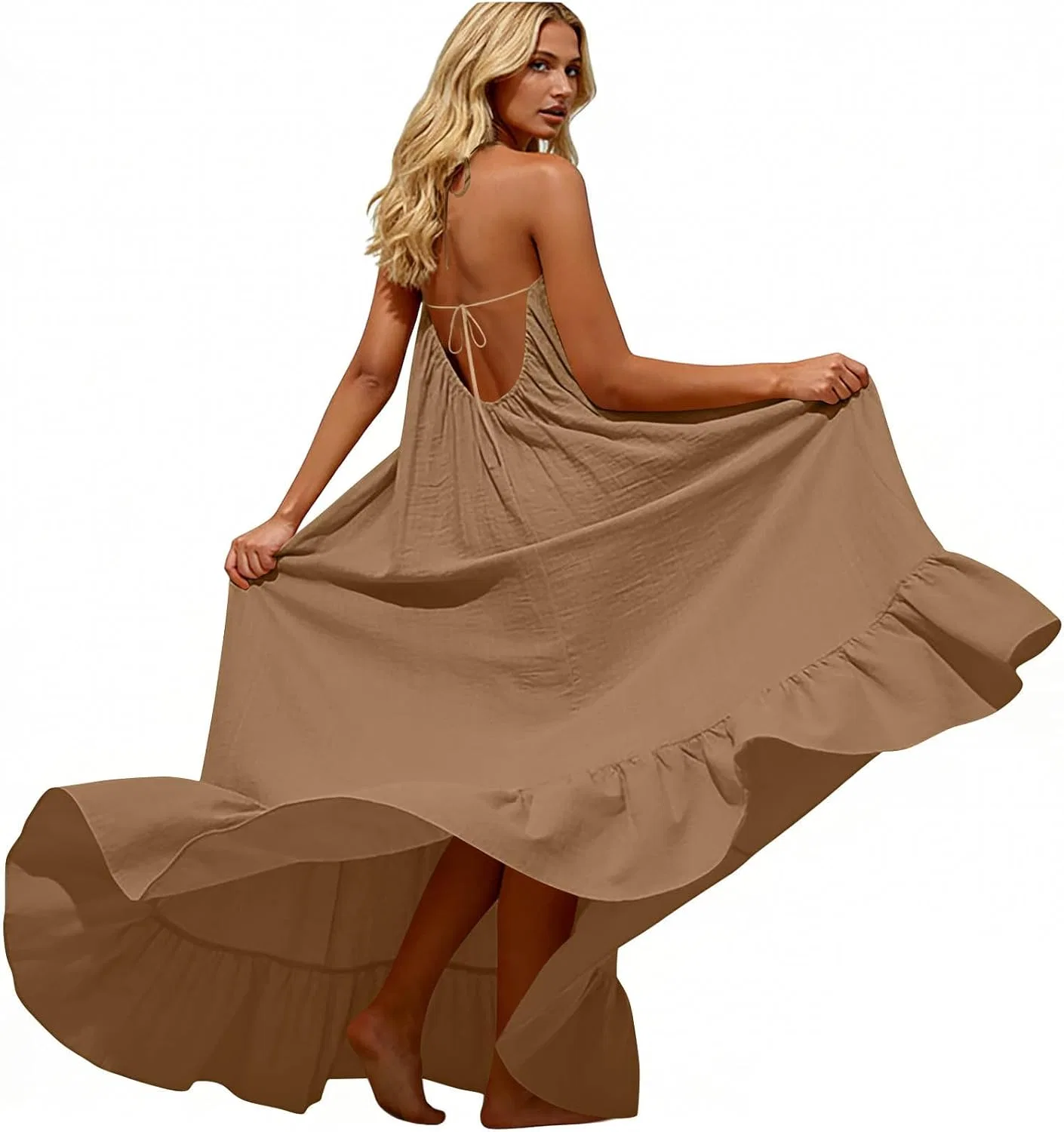 Женское летнее макси-платье с открытой спиной Backless Cami Dress, Coffee — фото 2