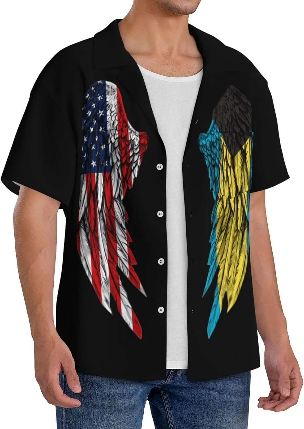 Мужская свободная рубашка с Куба воротником Wings America Bahamas Flag, Black — фото 2