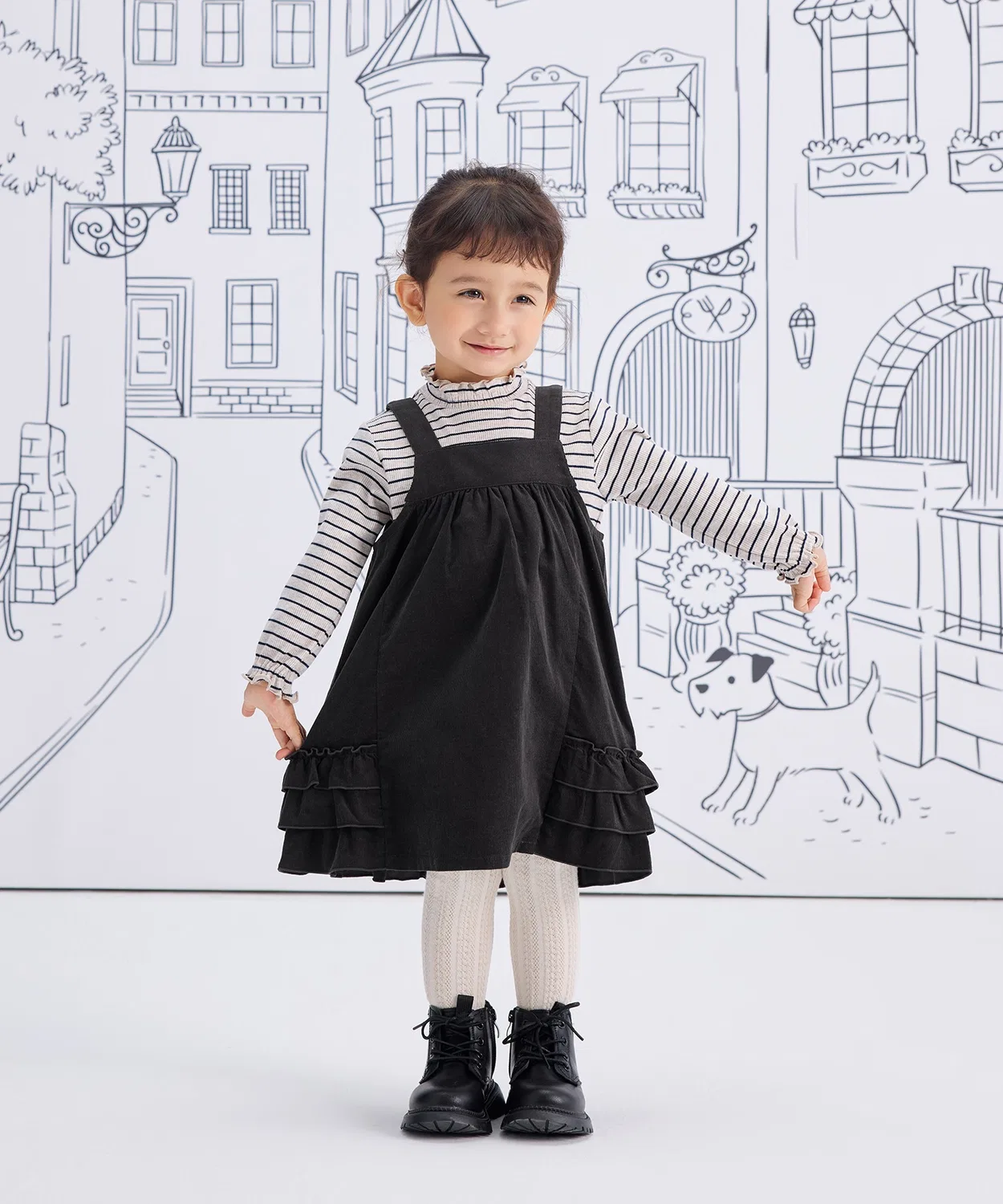 Детский комбинезон-сарафан из вельвета с фриллами, модель Corduroy Back Frill, combimini, Charcoal Grey