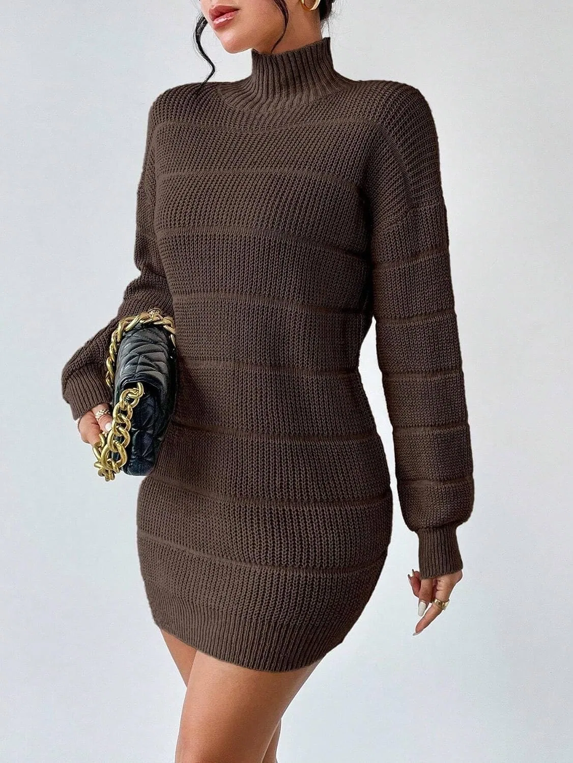 Женское повседневное платье с высоким воротом Rib-Knit, Coffee Brown — фото 4