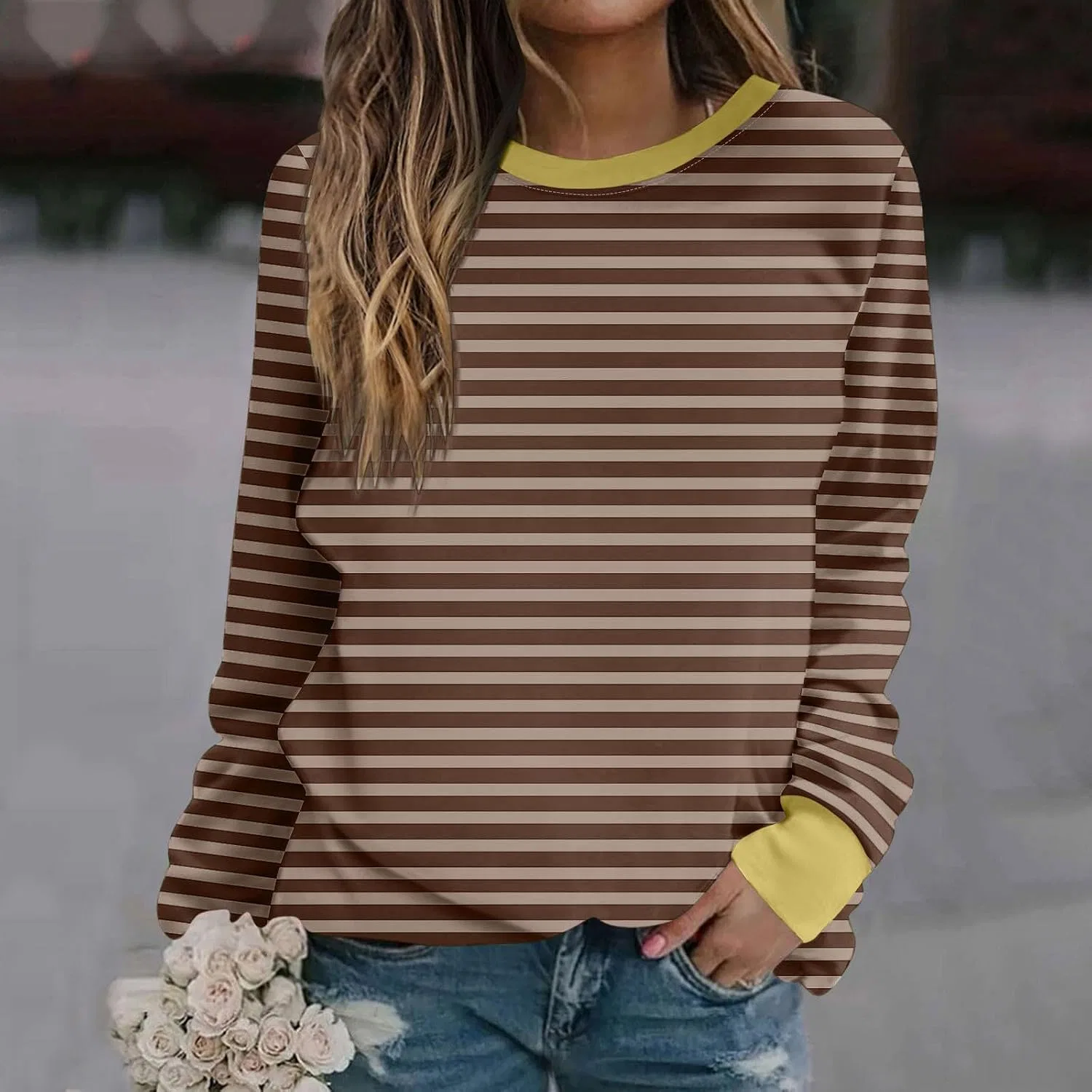 Женский свитшот с длинным рукавом, полосатый, Plus Size, кофейный — фото 2