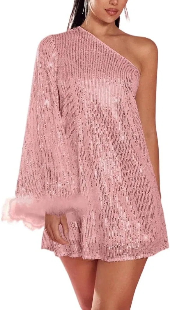 Женское мини-платье с пайетками A-line с длинным рукавом, Pink
