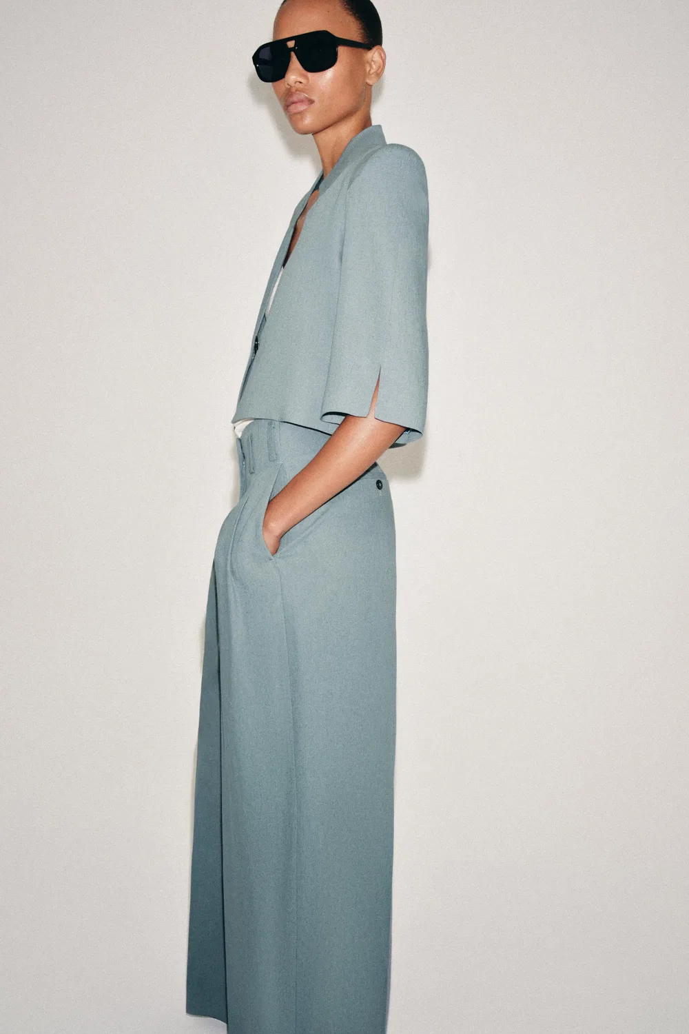 Укороченный блейзер из льняной смеси от ZW COLLECTION ZARA, Blue/Grey — фото 2