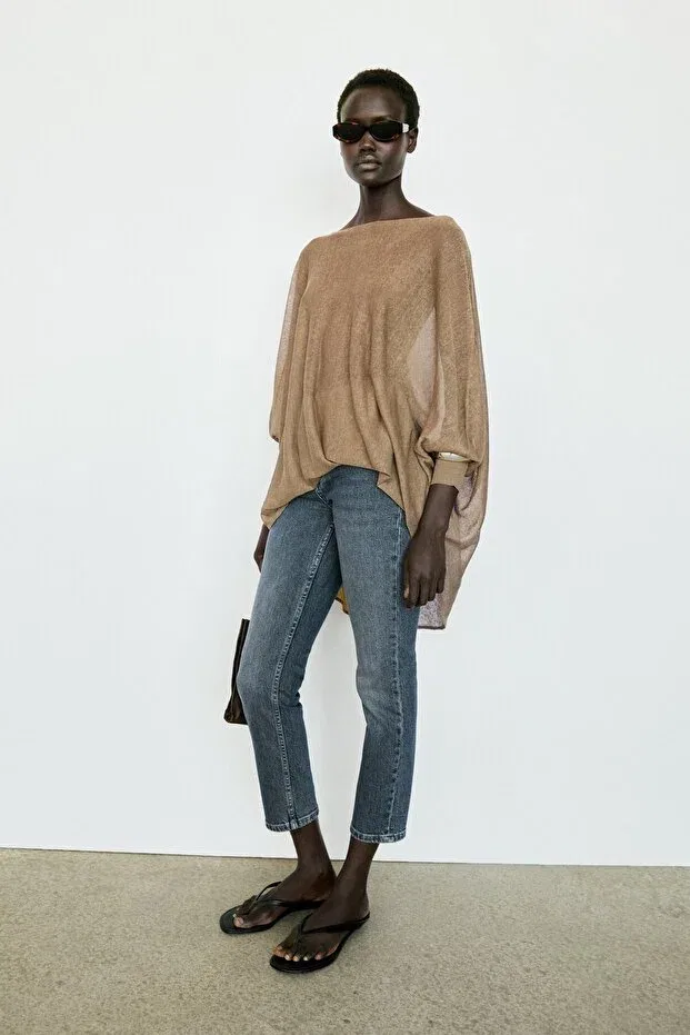 Женское платье с длинным рукавом Linen-Blend Draped Cape-Cut Knitwear Massimo Dutti, Moss Green — фото 4