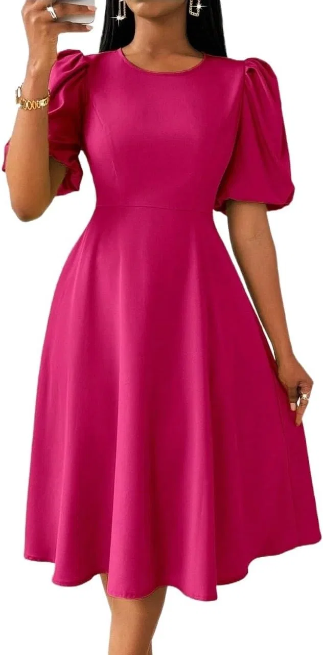 Женское повседневное платье миди A-силуэта с коротким рукавом, Hot Pink — фото 2