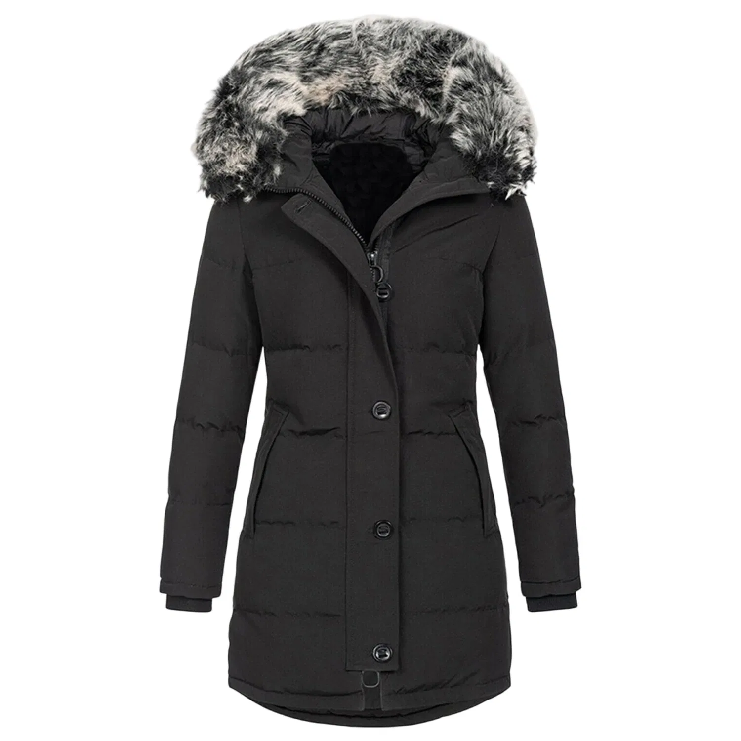 Женская зимняя куртка с принтом, модель Women Winter Padded Coat Thick Snow Jacket Removable Faux Fur Hood Insulated Outerwear, Nero