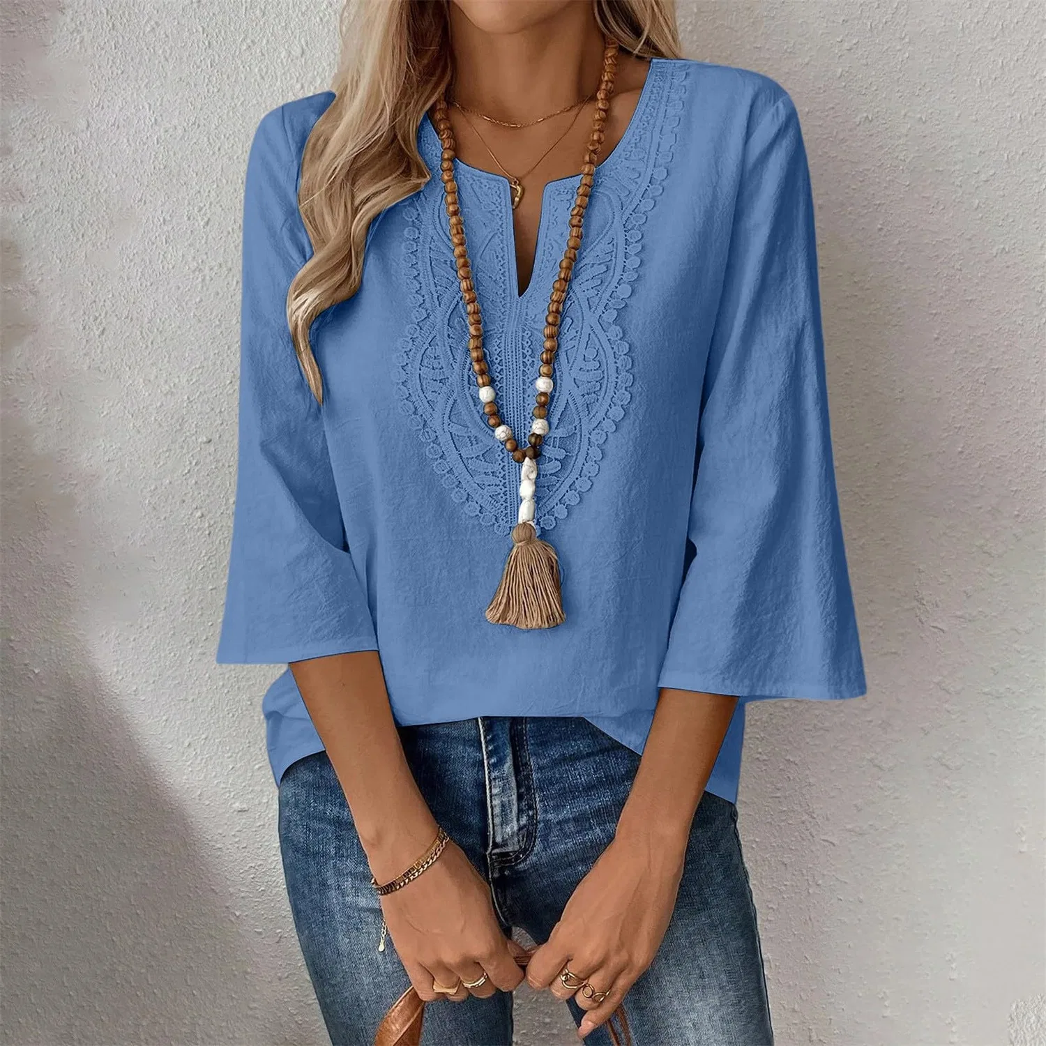 Женская льняная туника с вышивкой Retro 3/4 Sleeve Boho Casual Loose Fit Lightweight Summer Beach Blouse, D-sky Blue — фото 2