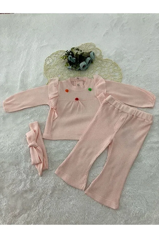 Детский комплект для девочек хлопковый 100% cotton hair banded salmon pompom frilly flared leg girl's suit Yağmur Giyim, Salmon-81672