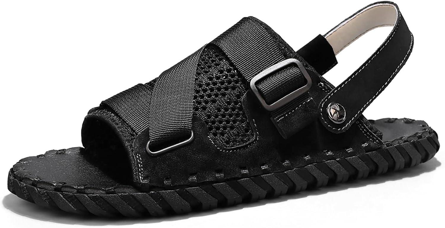 

Мужские слайдеры LVOMU с сеткой, ручная стежка, удобные дышащие, с открытым носком, регулируемым задним ремешком, без застежки, противоскользящие, для прогулок, летние наружные пляжные тапочки, черный