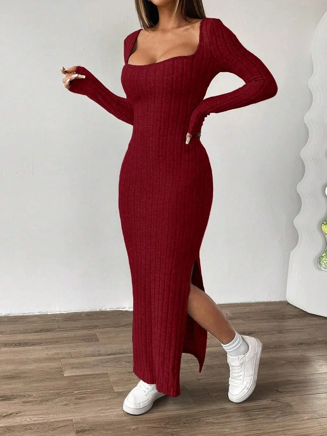 Женское повседневное платье с разрезом Bodycon, Burgundy — фото 3