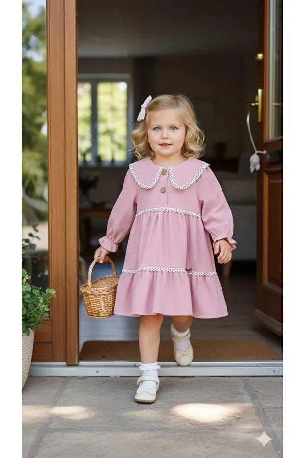 Детское платье для девочек из вельвета Dusty Rose Velvet Woven Fishtail Detailed Baby Girl Children's Dress Kidello, Dried Rose — фото 4