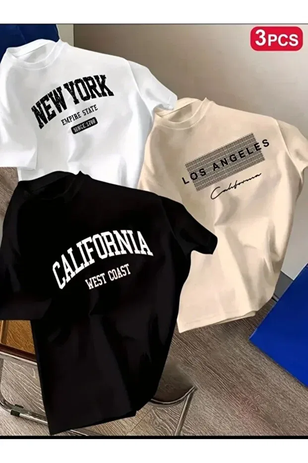 Детский комплект футболок с принтом Elan Wear, Beige + Black + White