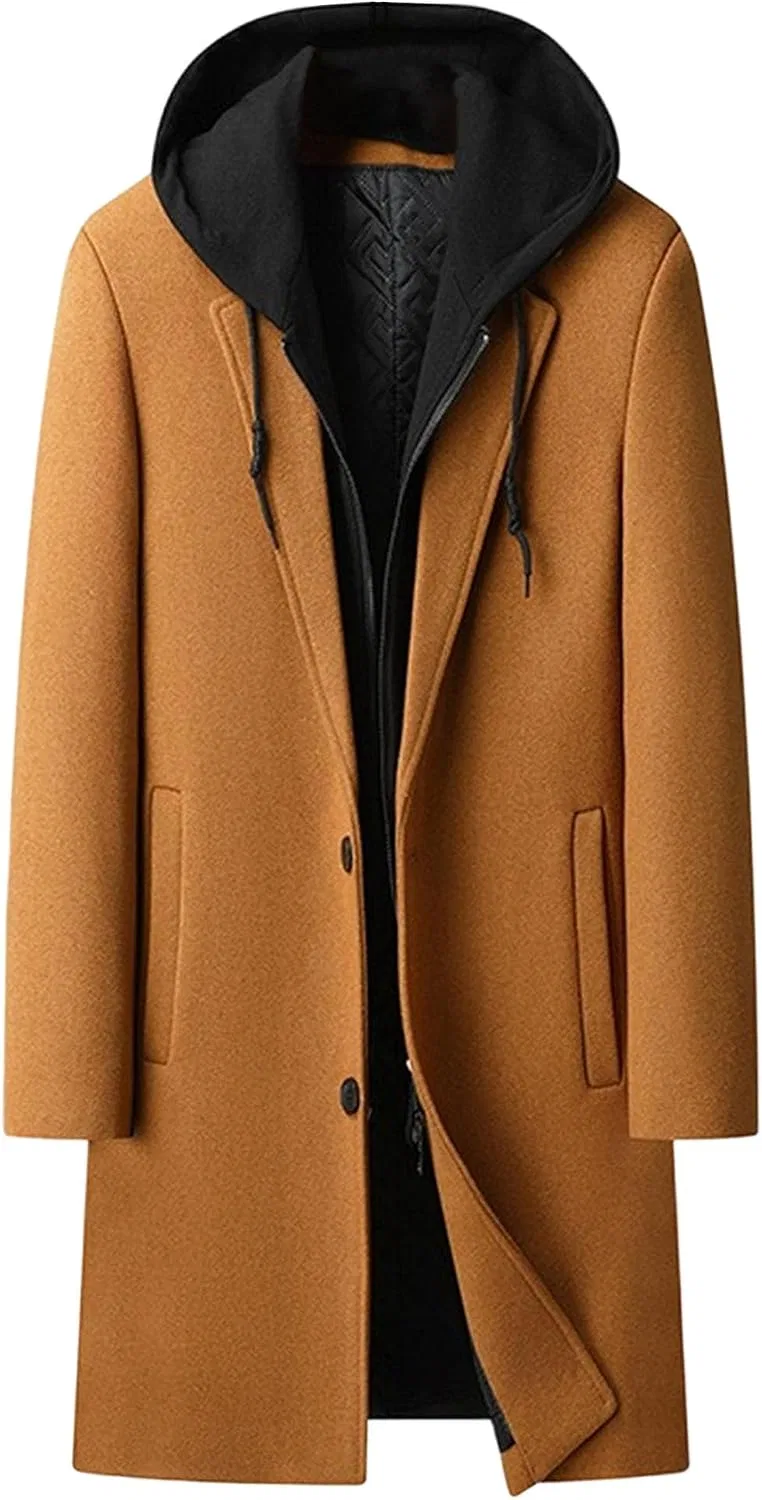 Мужское пальто-тренч на пуговицах, модель Removable Hooded Peacoat, кэмел