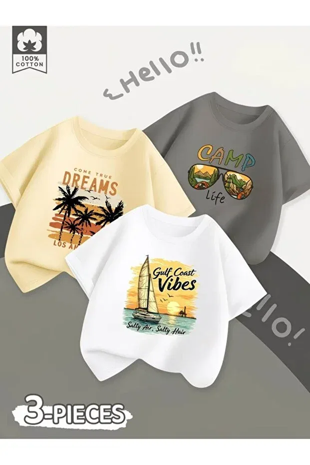 Детский комплект футболок с принтом Vibes dreams camp Vestir Bien, White Beige Smoked