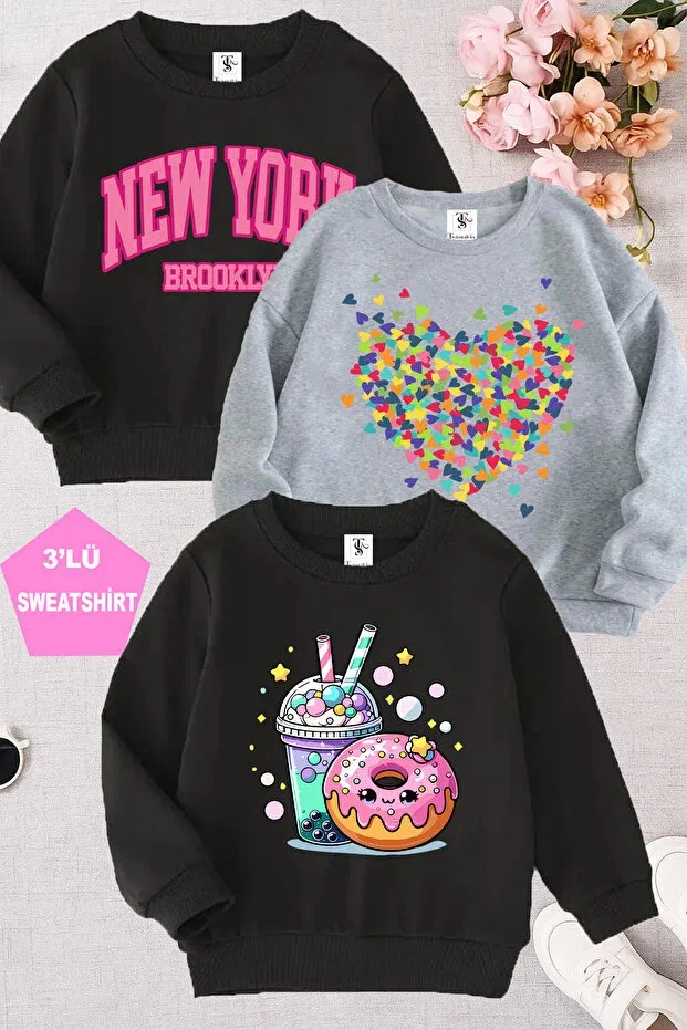 Детские свитшот для девочек с принтом Fleece inside heart printed grey-black triple crew neck Twins Tailors, Black