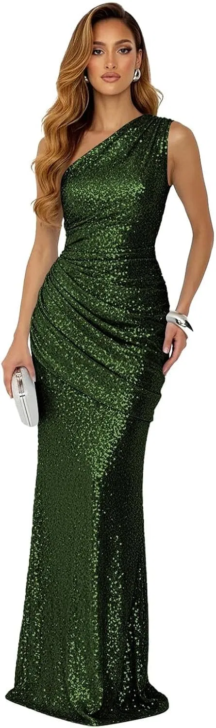 Женское вечернее платье с пайетками одно плечо русалка LA153, Emerald Green