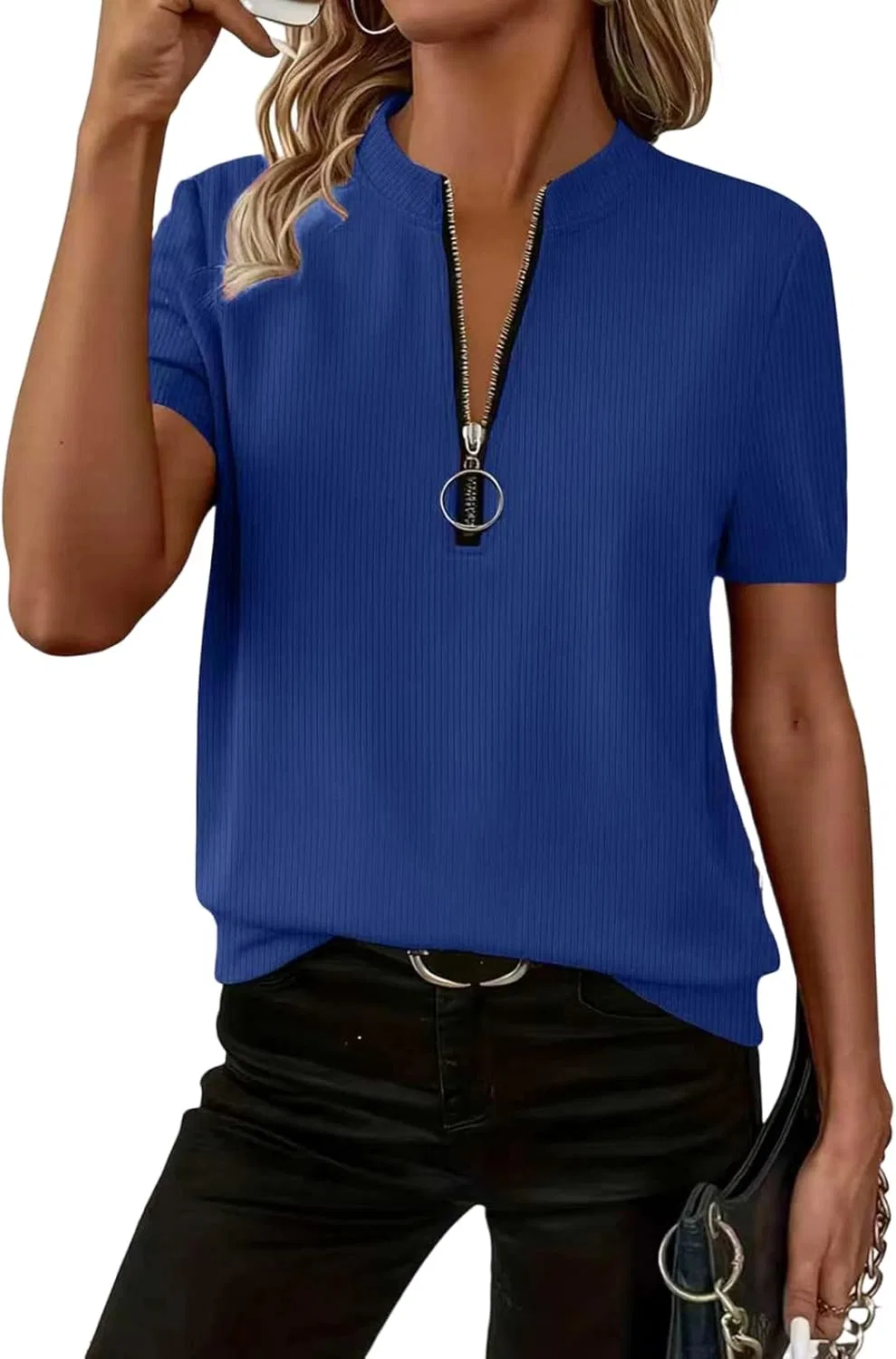 Женская футболка с V-вырезом Ribbed Knit, A09-blue