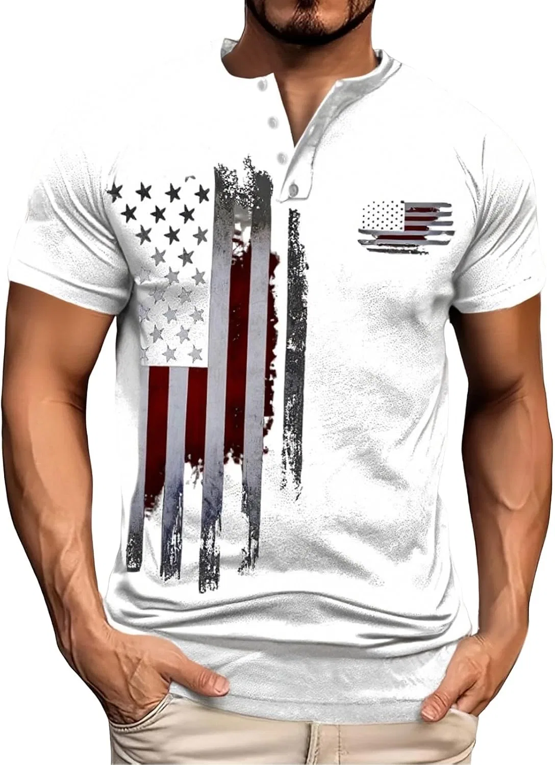 Мужская майка с американским флагом Henley, White