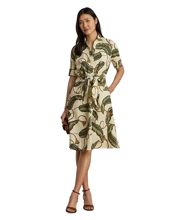 Женское льняное платье с принтом Rope Print Tie Front Linen Shirtdress Ralph Lauren, White Multi