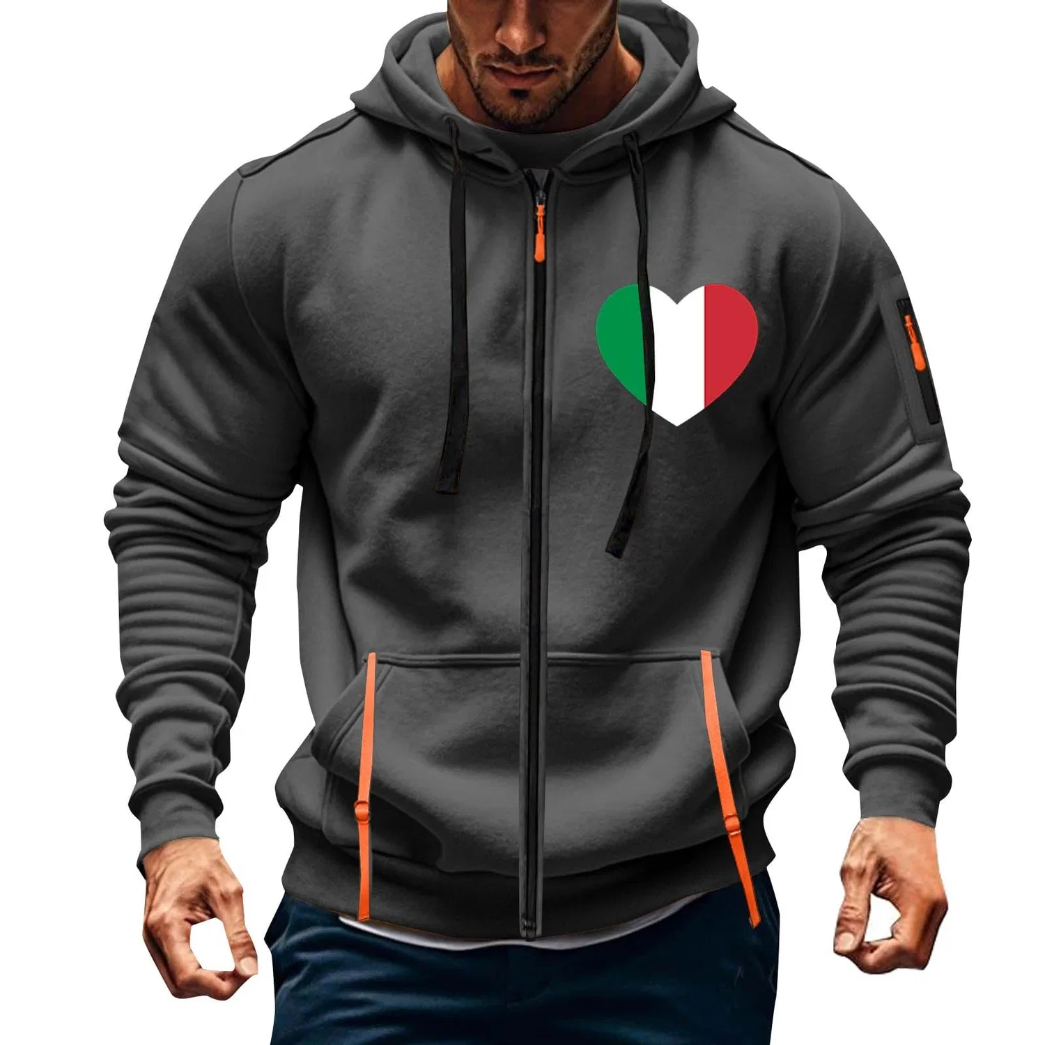 Мужской худи с капюшоном и принтом итальянского флага, Z01-grigio Scuro Uomo Quarter Zip Felpa Con Cappuccio