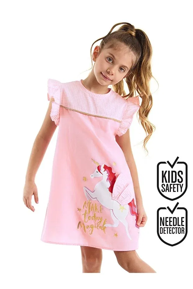 Детское платье для девочек с принтом Winged Unicorn Plaid Denokids, Pink — фото 2