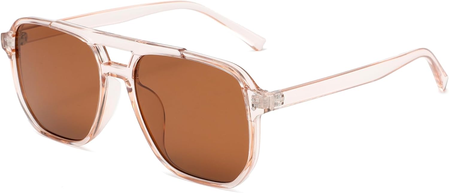 

Солнцезащитные очки Long Keeper Retro Square Pilot для женщин и мужчин, в стиле 70-х, с двойной перемычкой, авиационные, квадратные, модные винтажные, с защитой от УФ-излучения UV400, Clear Pink Frame - Brown Lens