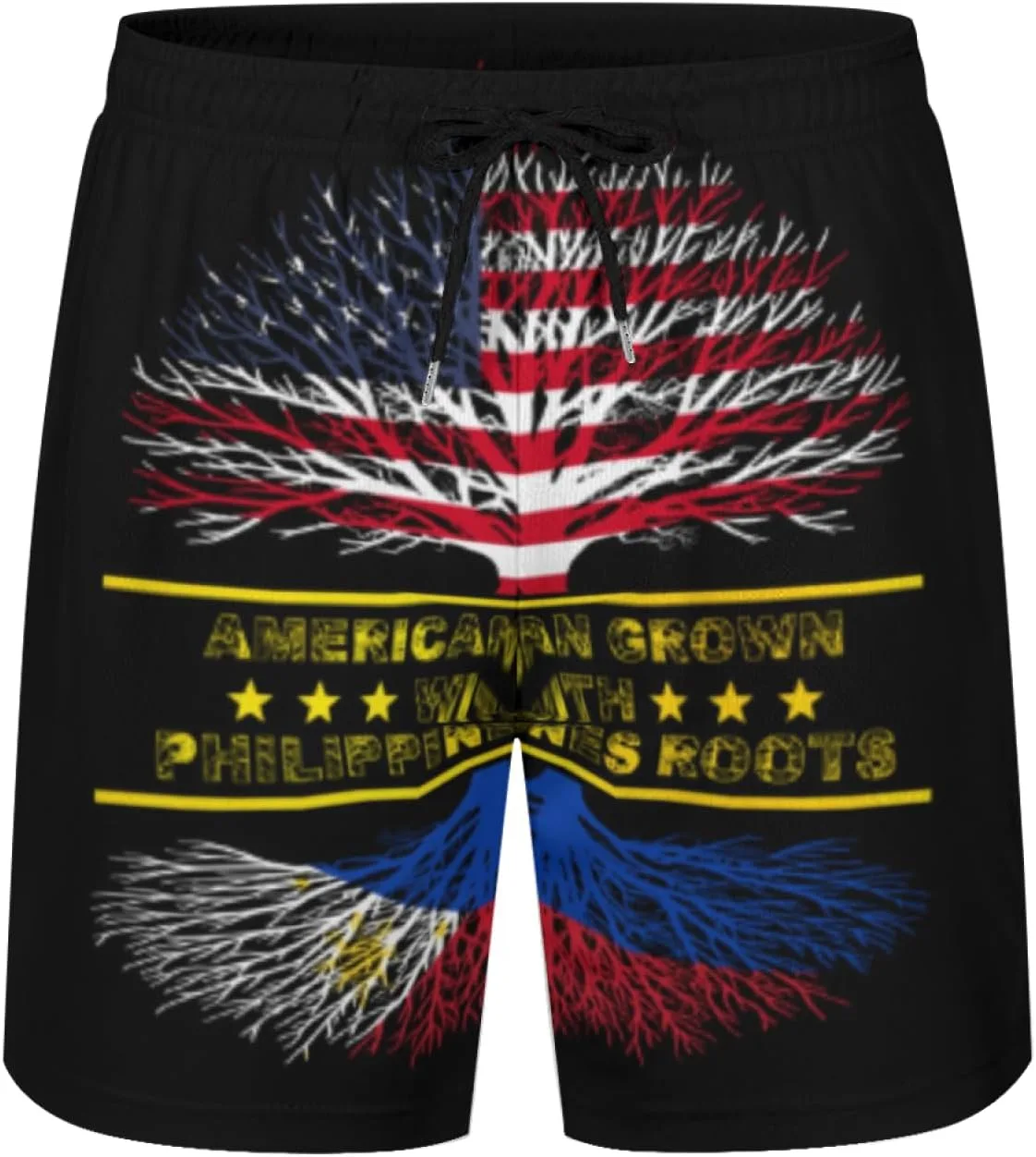 Мужские плавки American Grown and Philippines Roots с сетчатой ​​подкладкой, завязками, быстросохнущие, с карманами Generic, черный