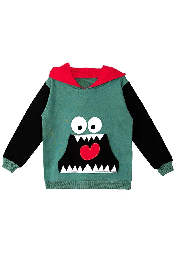 Детское худи для мальчиков с принтом Gluttonous Hooded Kangaroo Pocket Denokids, Green — фото 3