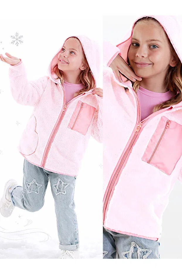 Детское пальто для девочек с принтом Pink Plush Coat With Heart Pockets Denokids, Pink