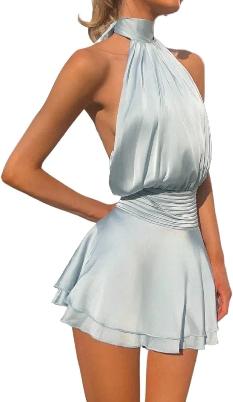 Женское сатиновое мини-платье A-line bodycon с открытой спиной, Blue — фото 2