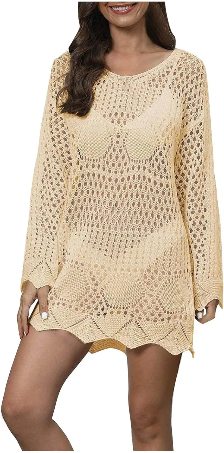 Женская пляжная туника вязаная крючком, Beige