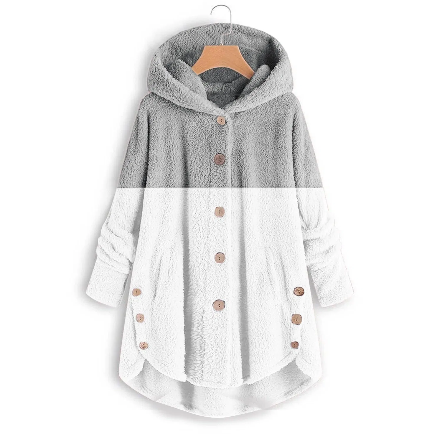 Женское теплое пальто с капюшоном из плюша, grigio — фото 2