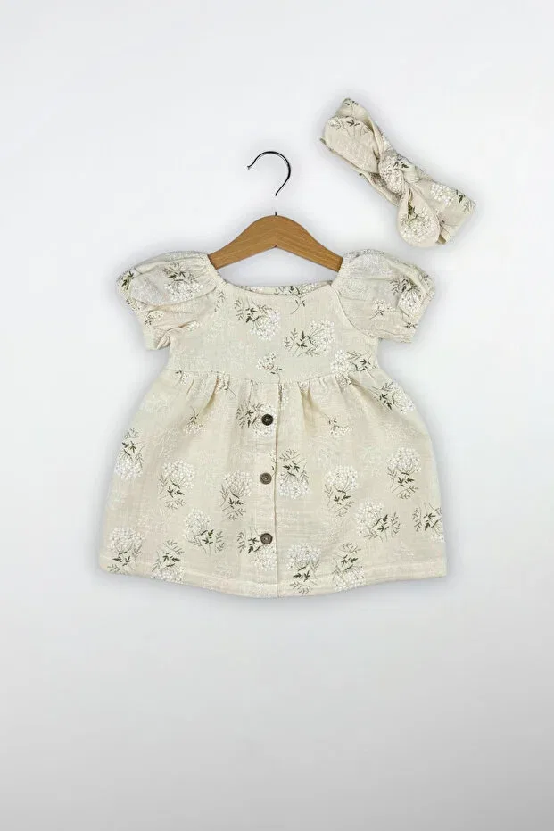 Детское платье для девочек с принтом Floral patterned balloon sleeve bandana girl dress Globaby, Ecru