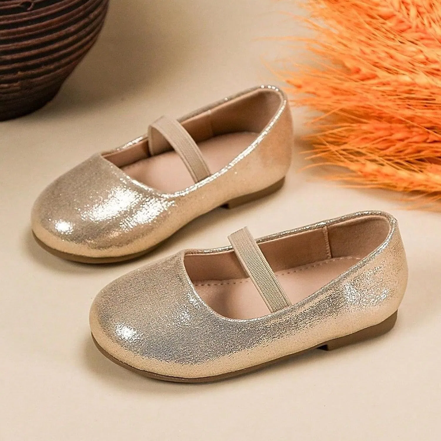 Детские туфли-балетки для девочек с цветочным принтом, модель Flower Leather Dress Shoes, бренд, Gold — фото 3
