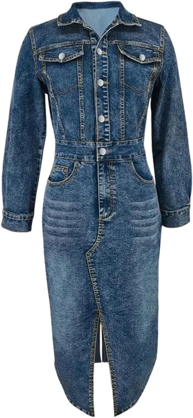 Женское джинсовое платье макси с поясом Casual, Blue