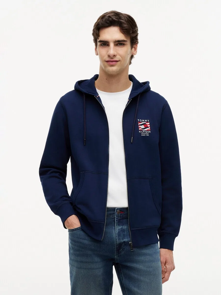 Худи на молнии TOMMY HILFIGER с вышивкой флага и французской застежкой-молнией, темно-синего цвета — фото 3
