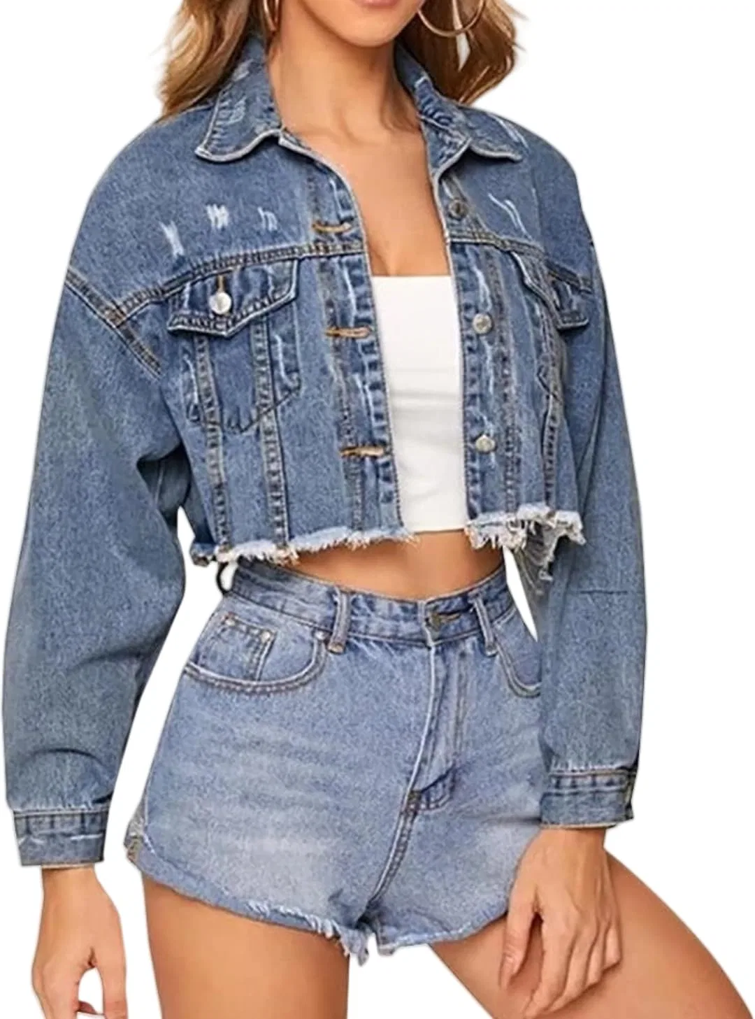 Женская джинсовая куртка с потертостями Long Sleeve Ripped Edge, Blu
