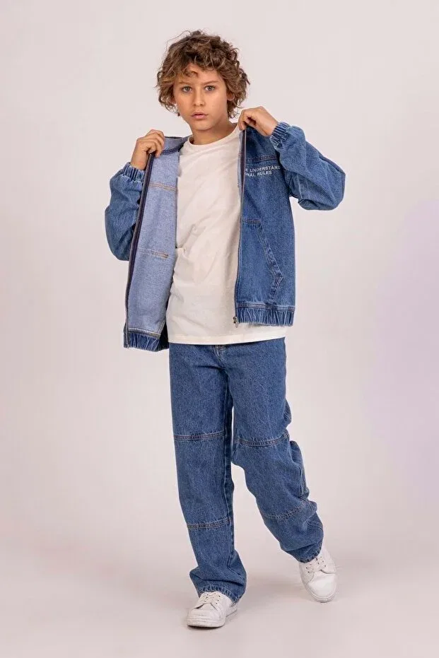 Детская джинсовая куртка для мальчиков с вышивкой Kangaroo pocket hooded front and back embroidery boys' jeans jacket Ww Waka Waka Kids Store, Indigo — фото 4
