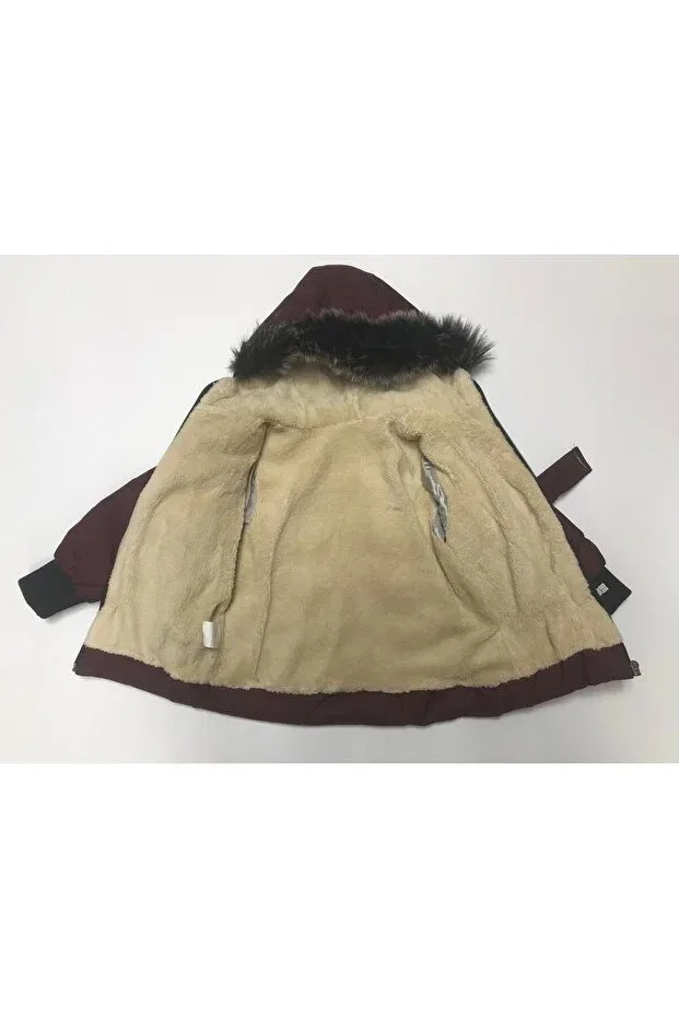 Детское зимнее пальто для девочек с капюшоном Winter zipper hooded with belt at the waist, welsoft lining, water and wind resistant baby girl children's coat Baby Slon Kids Clup, Burgundy-Buckled — фото 2
