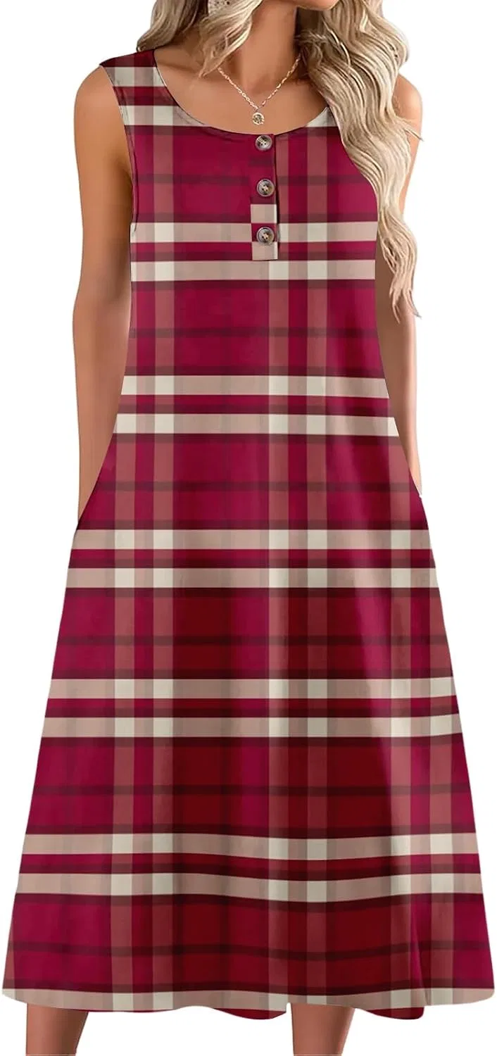 Женское платье макси в клетку sleeveless Button Down, Wine — фото 4