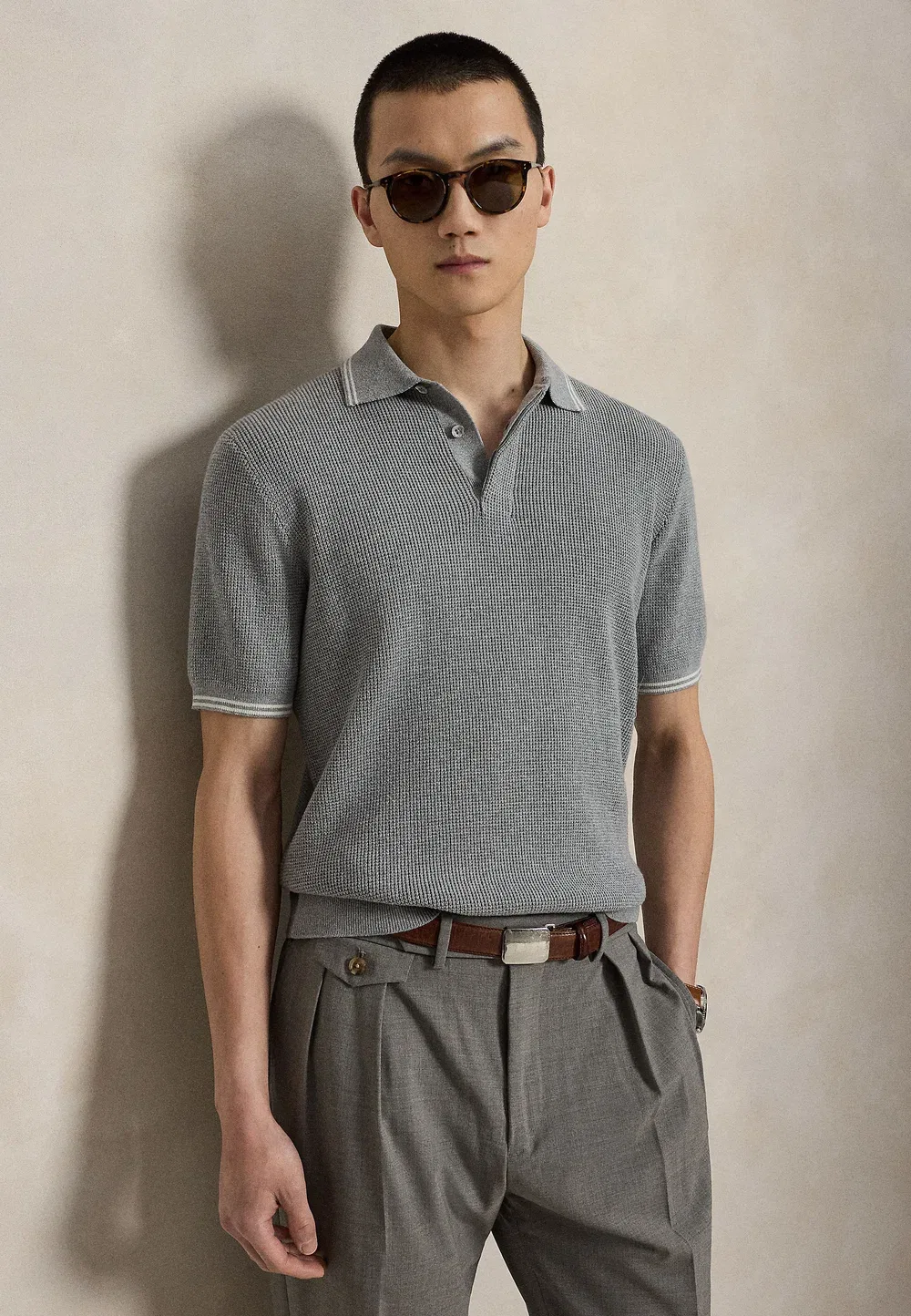 Хлопковый поло-свитер с вафельной вязкой Polo Ralph Lauren, Spring/Stone Pebble